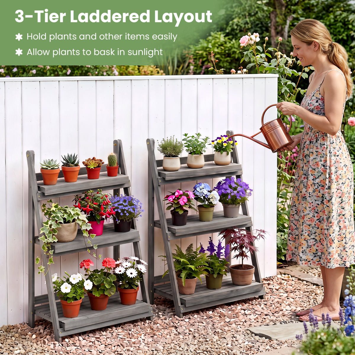 3-Tier Foldable Plant Stand with Slatted Shelves and Fir Wood Frame-Gray view 7