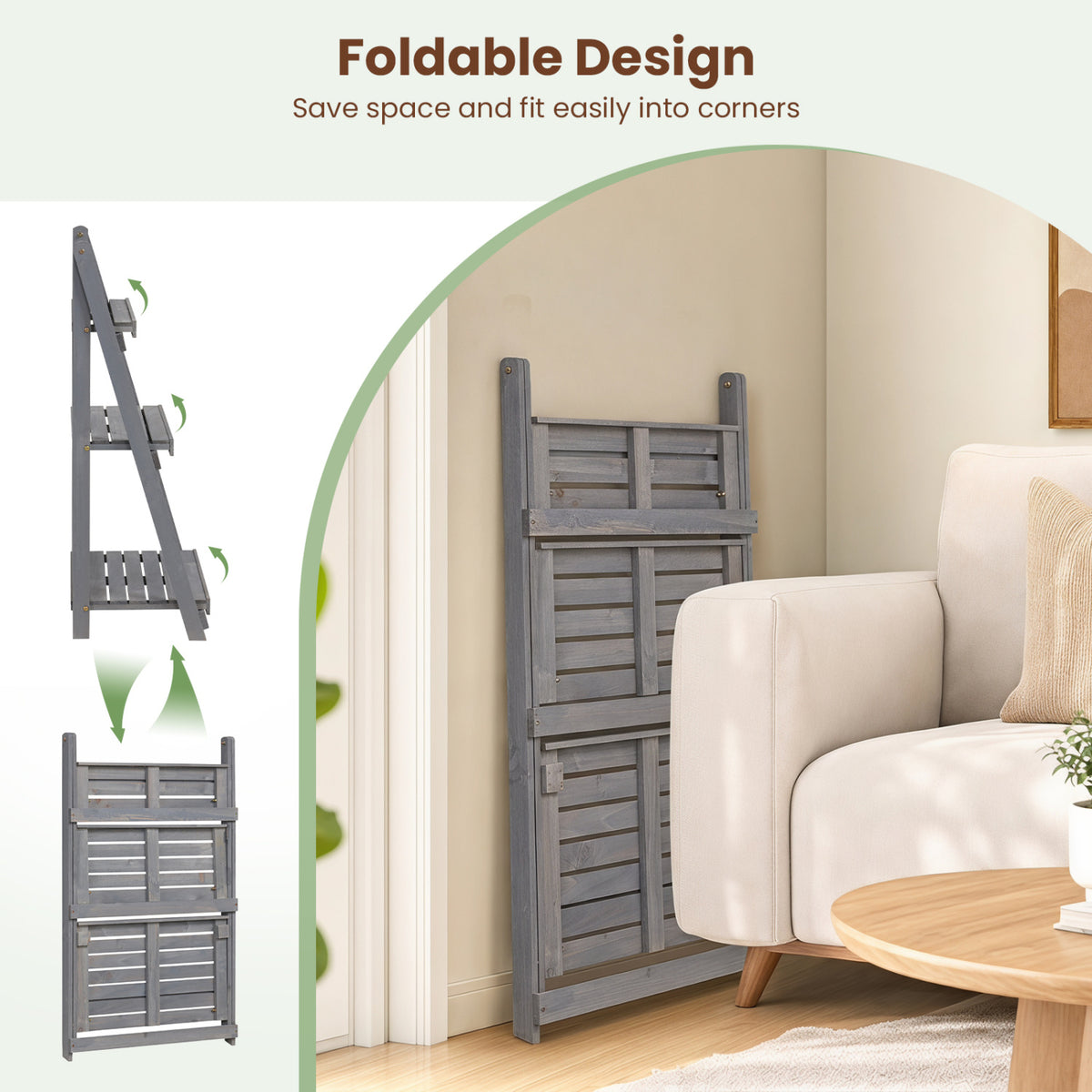 3-Tier Foldable Plant Stand with Slatted Shelves and Fir Wood Frame-Gray view 8