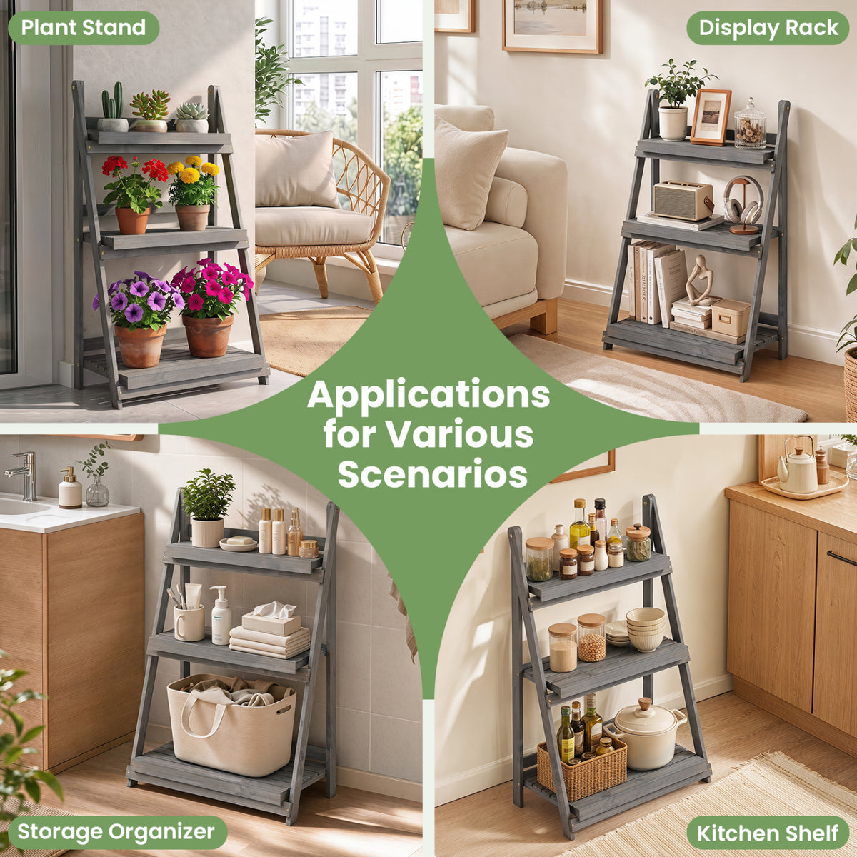 3-Tier Foldable Plant Stand with Slatted Shelves and Fir Wood Frame-Gray view 9