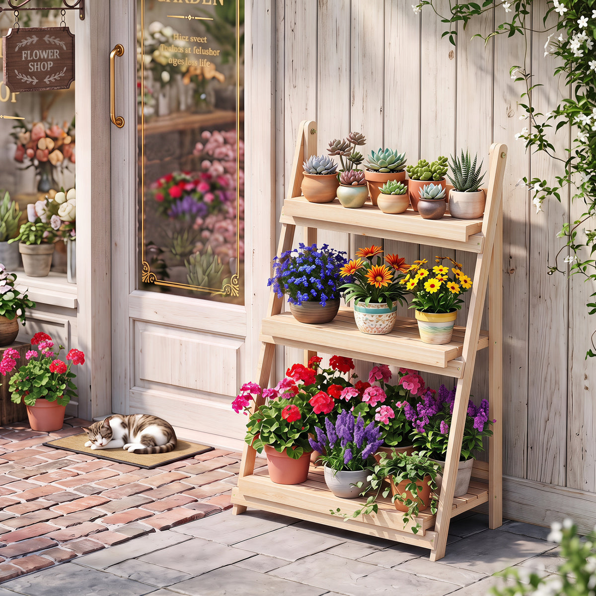 3-Tier Foldable Plant Stand with Slatted Shelves and Fir Wood Frame-Natural view 2
