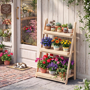 3-Tier Foldable Plant Stand with Slatted Shelves and Fir Wood Frame-Natural view 2