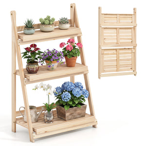 3-Tier Foldable Plant Stand with Slatted Shelves and Fir Wood Frame-Natural view 3