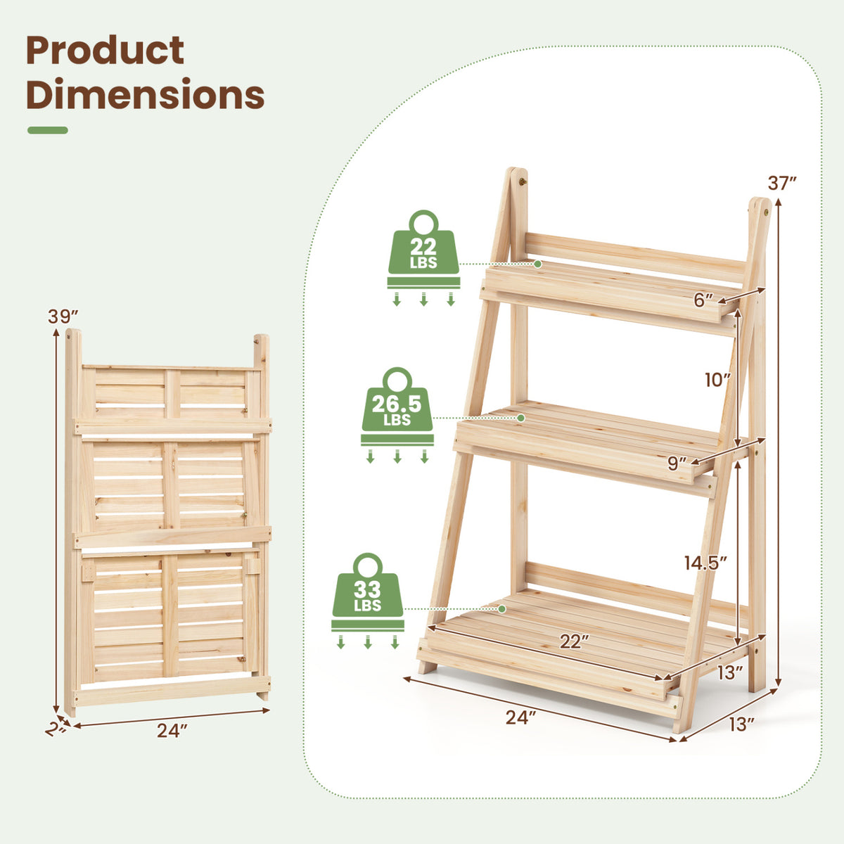 3-Tier Foldable Plant Stand with Slatted Shelves and Fir Wood Frame-Natural view 4