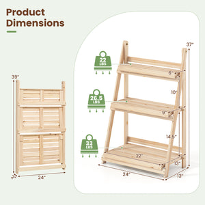 3-Tier Foldable Plant Stand with Slatted Shelves and Fir Wood Frame-Natural view 4