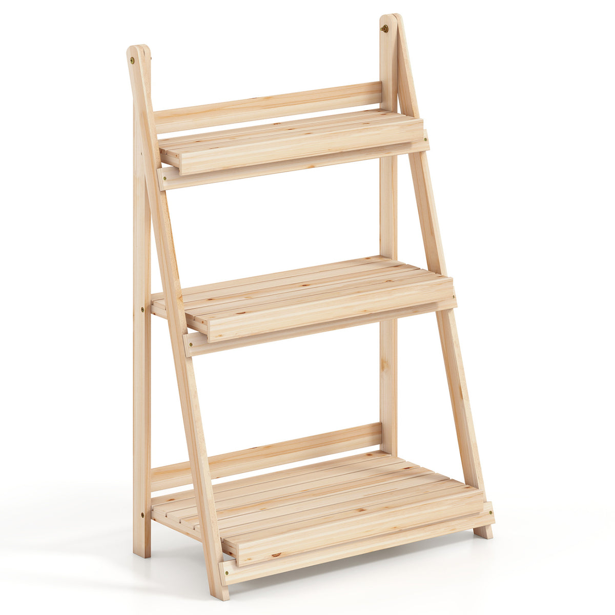 3-Tier Foldable Plant Stand with Slatted Shelves and Fir Wood Frame-Natural view 5