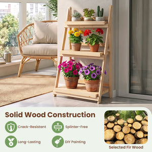 3-Tier Foldable Plant Stand with Slatted Shelves and Fir Wood Frame-Natural view 6