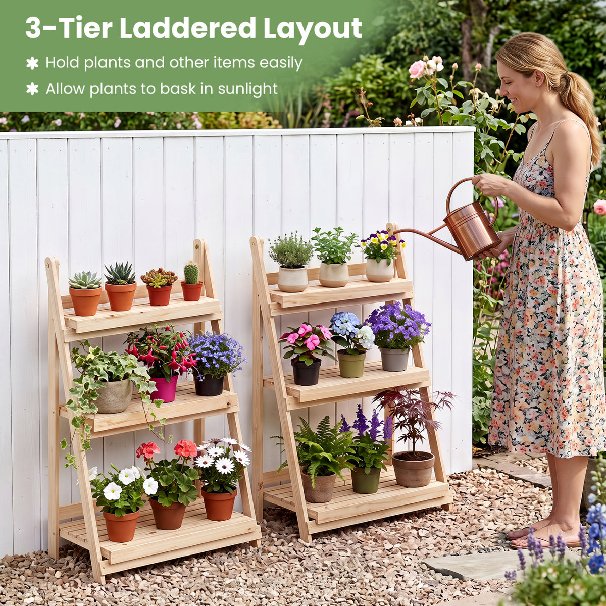 3-Tier Foldable Plant Stand with Slatted Shelves and Fir Wood Frame-Natural view 7