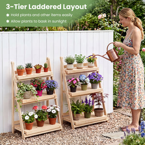 3-Tier Foldable Plant Stand with Slatted Shelves and Fir Wood Frame-Natural view 7