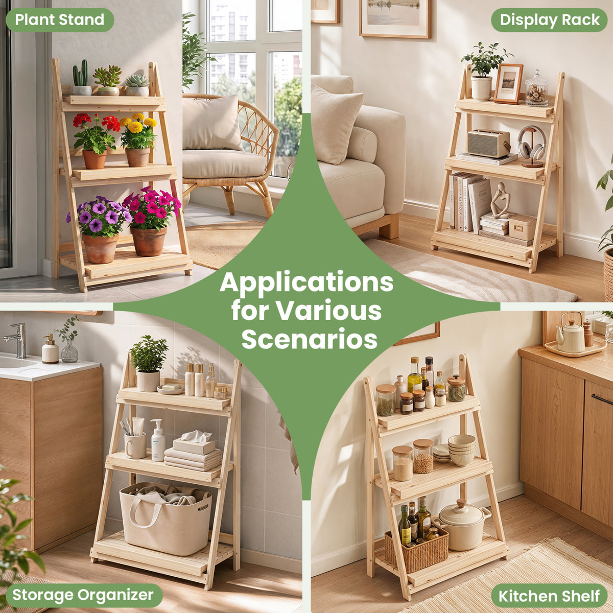 3-Tier Foldable Plant Stand with Slatted Shelves and Fir Wood Frame-Natural view 9