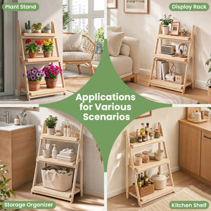 3-Tier Foldable Plant Stand with Slatted Shelves and Fir Wood Frame-Natural view 9