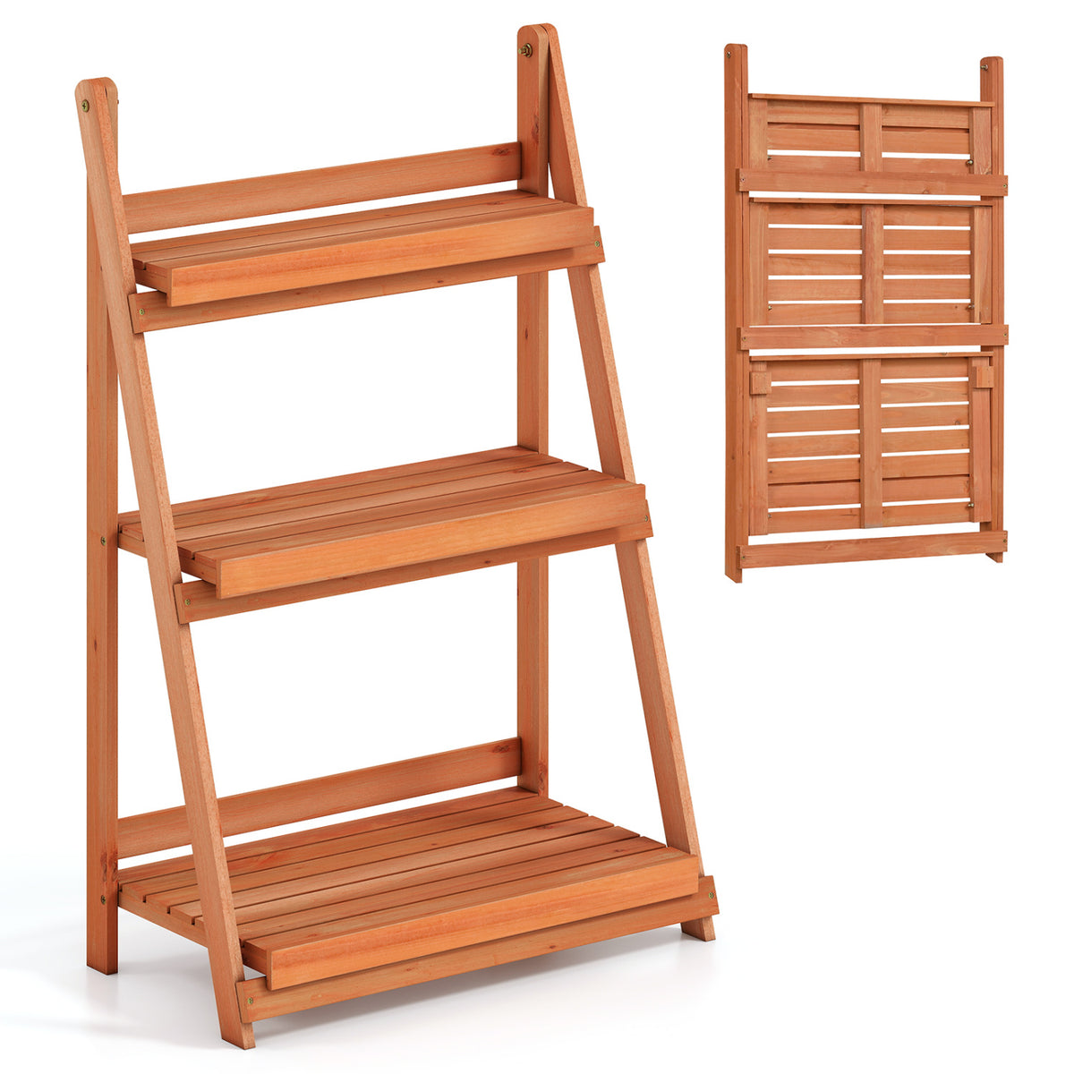 3-Tier Foldable Plant Stand with Slatted Shelves and Fir Wood Frame-Orange