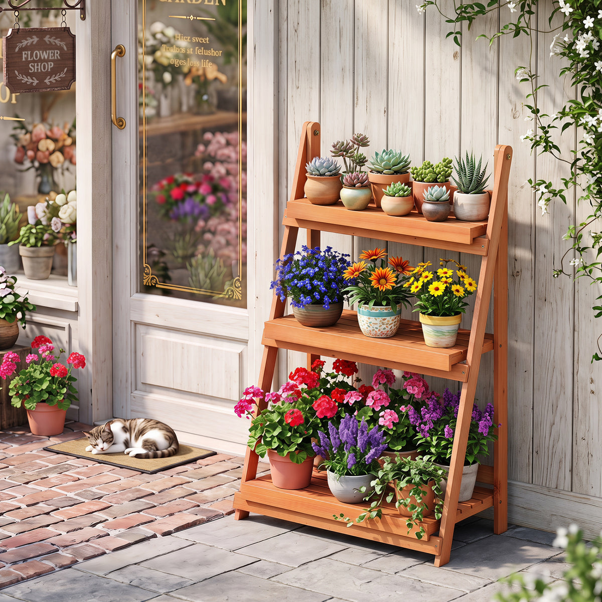 3-Tier Foldable Plant Stand with Slatted Shelves and Fir Wood Frame-Orange view 2