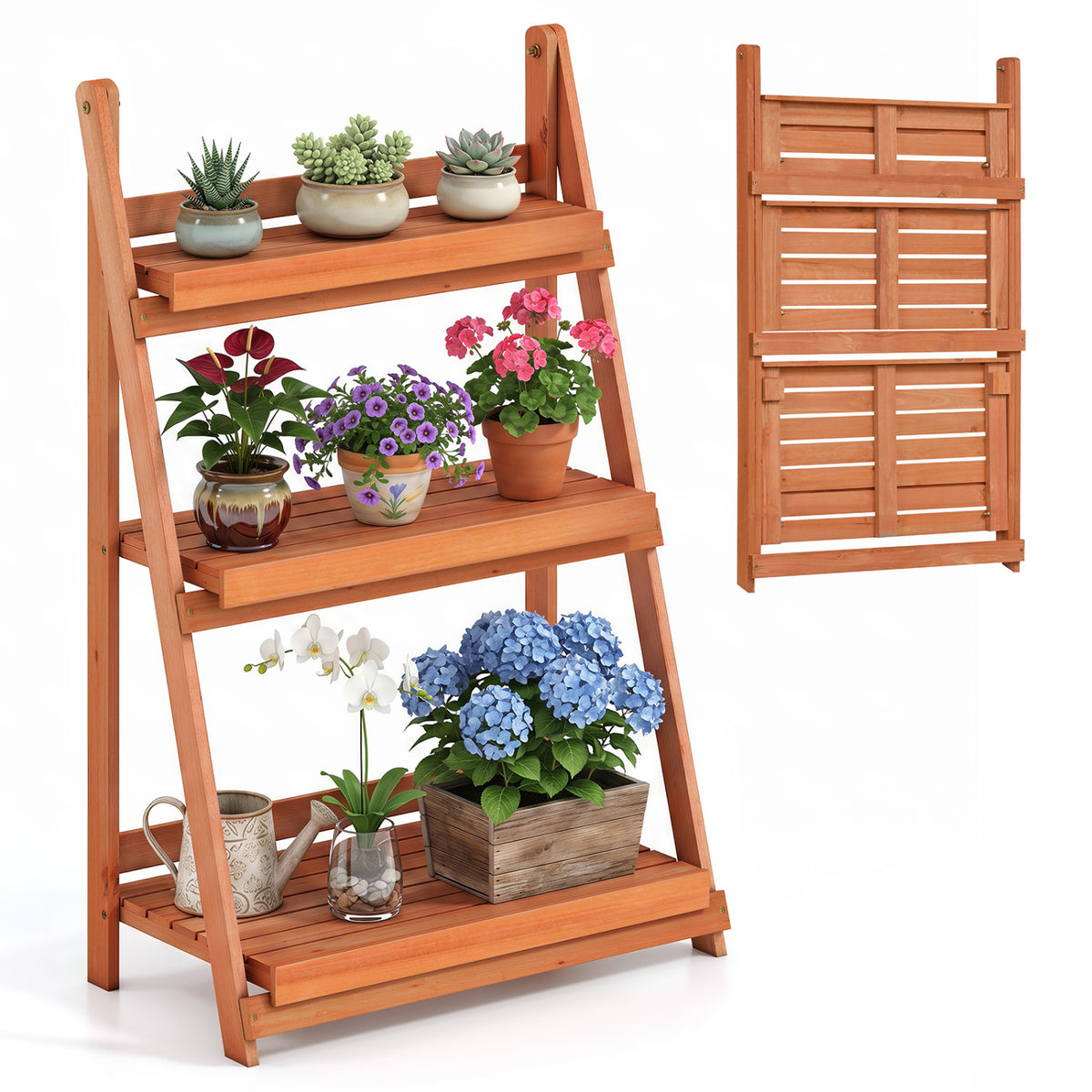 3-Tier Foldable Plant Stand with Slatted Shelves and Fir Wood Frame-Orange view 3