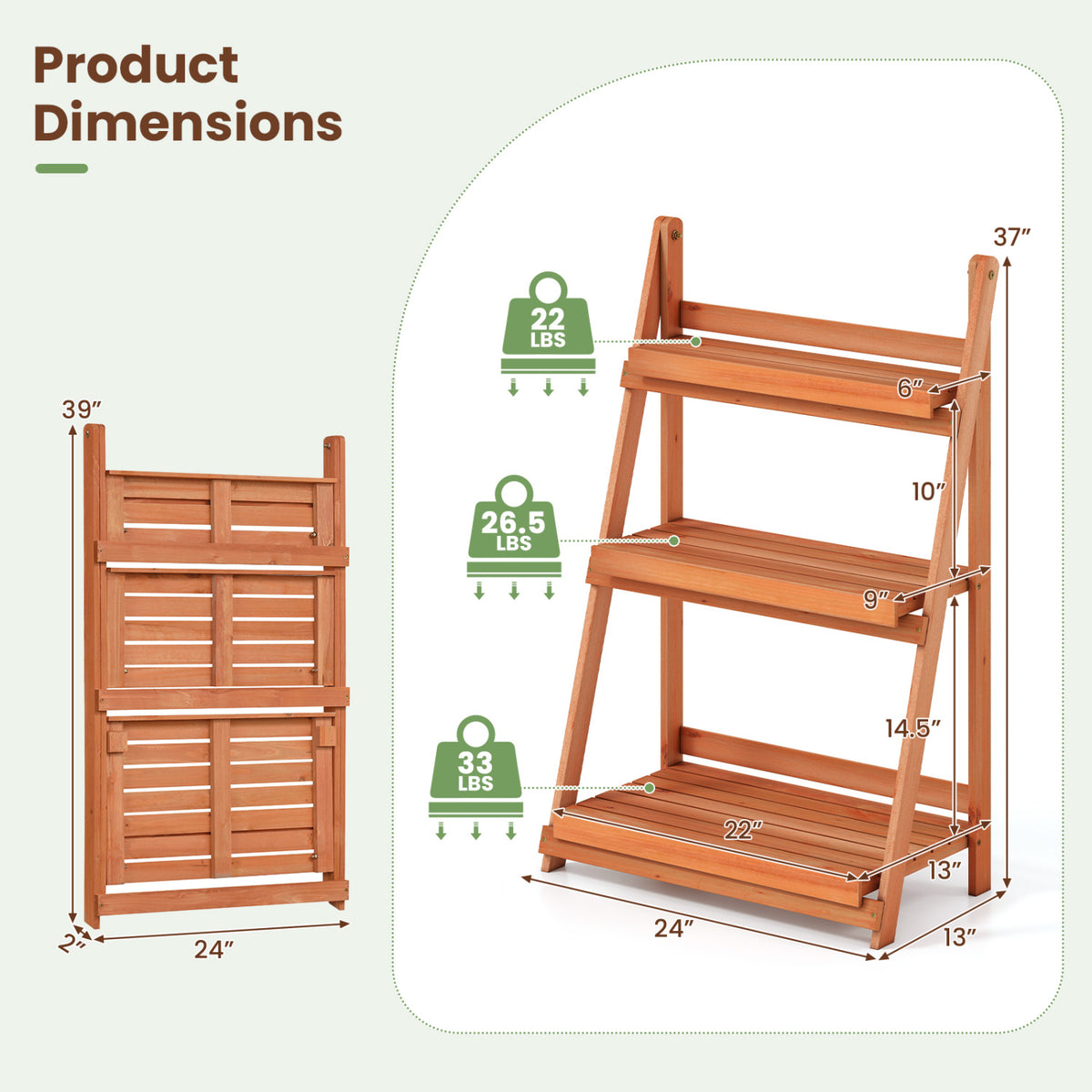3-Tier Foldable Plant Stand with Slatted Shelves and Fir Wood Frame-Orange view 4