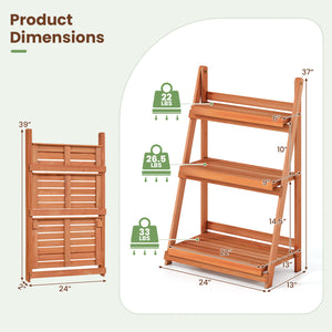 3-Tier Foldable Plant Stand with Slatted Shelves and Fir Wood Frame-Orange view 4