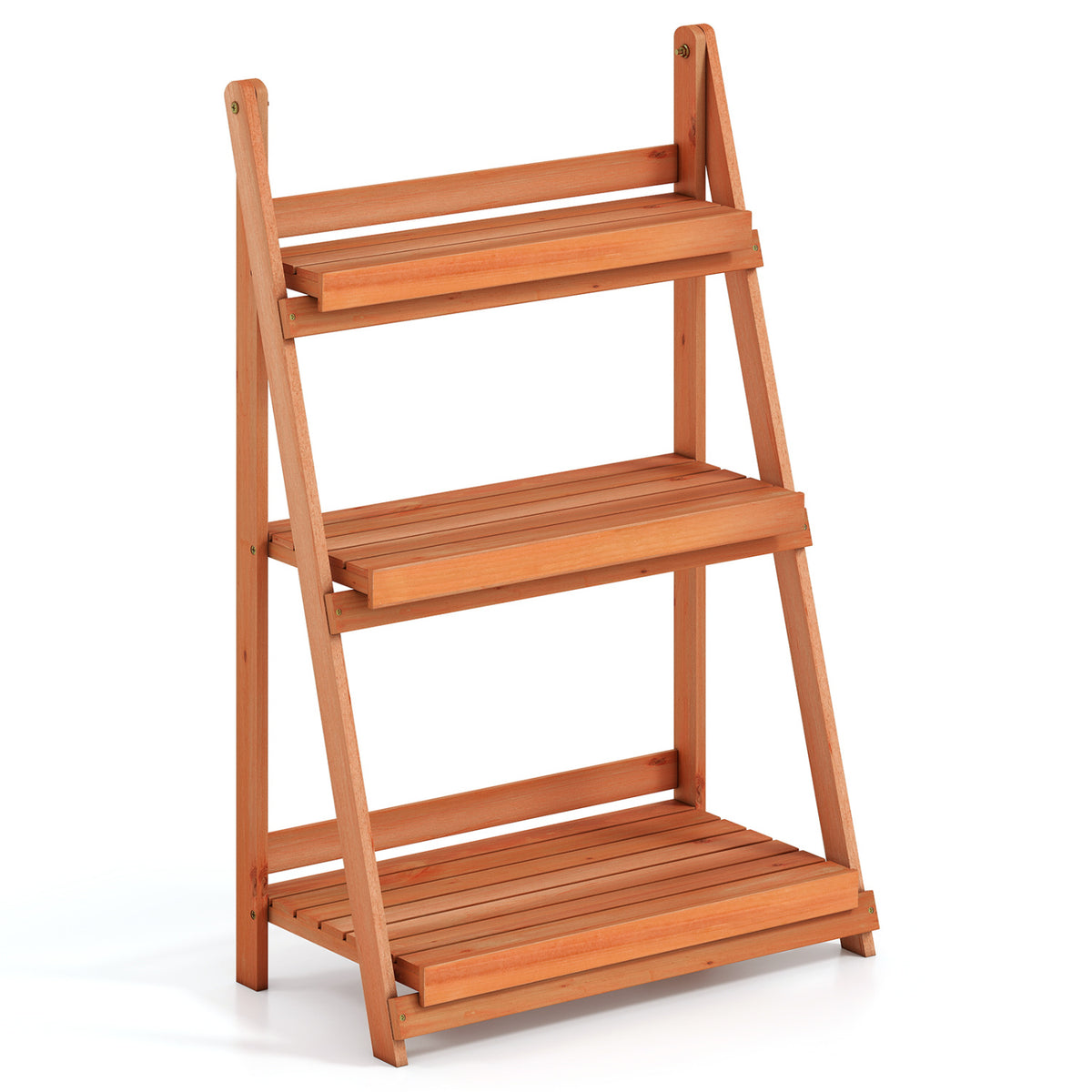 3-Tier Foldable Plant Stand with Slatted Shelves and Fir Wood Frame-Orange view 5