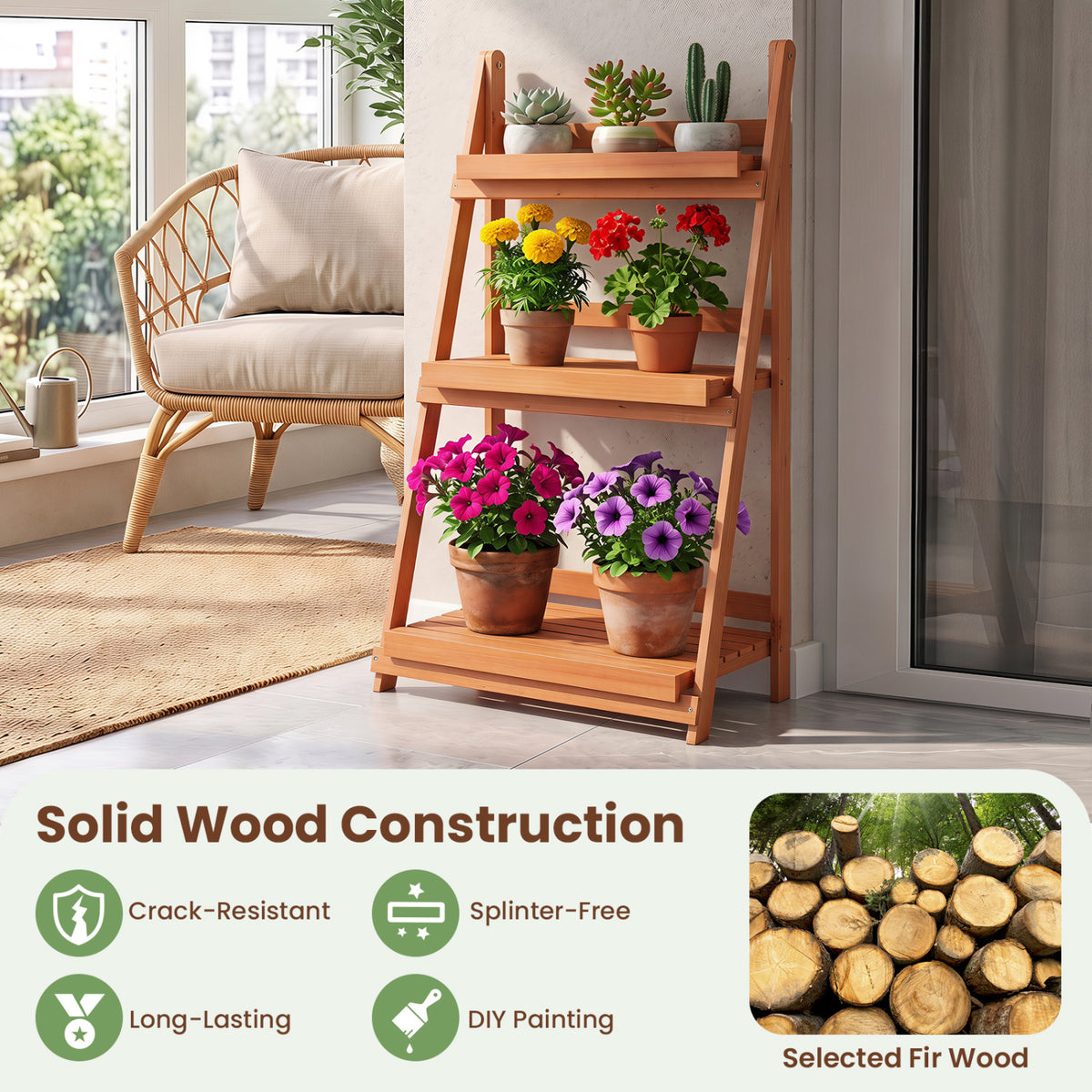 3-Tier Foldable Plant Stand with Slatted Shelves and Fir Wood Frame-Orange view 6