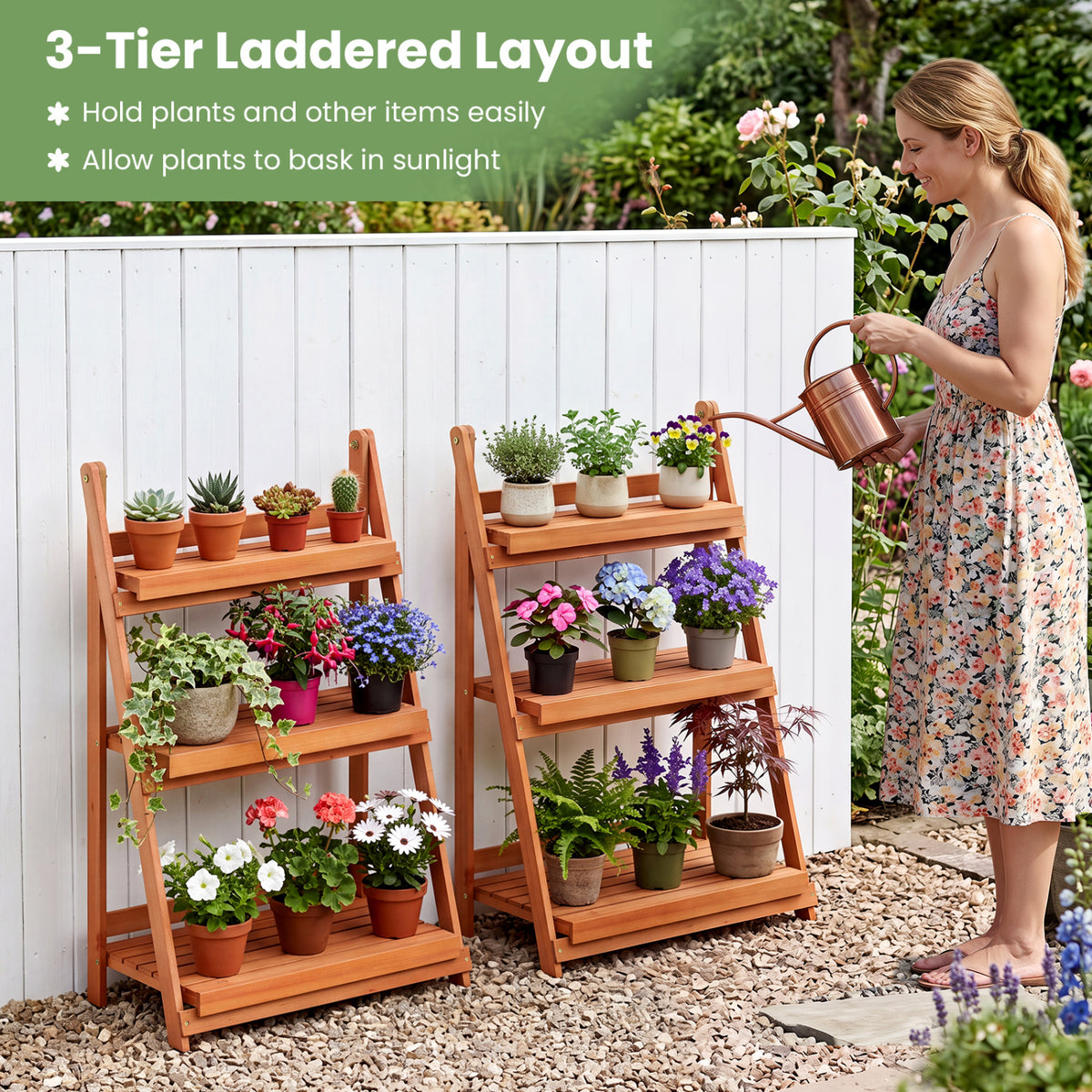 3-Tier Foldable Plant Stand with Slatted Shelves and Fir Wood Frame-Orange view 7