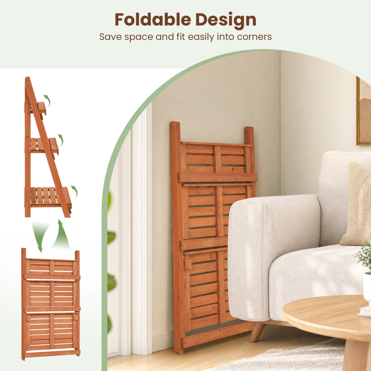 3-Tier Foldable Plant Stand with Slatted Shelves and Fir Wood Frame-Orange view 8