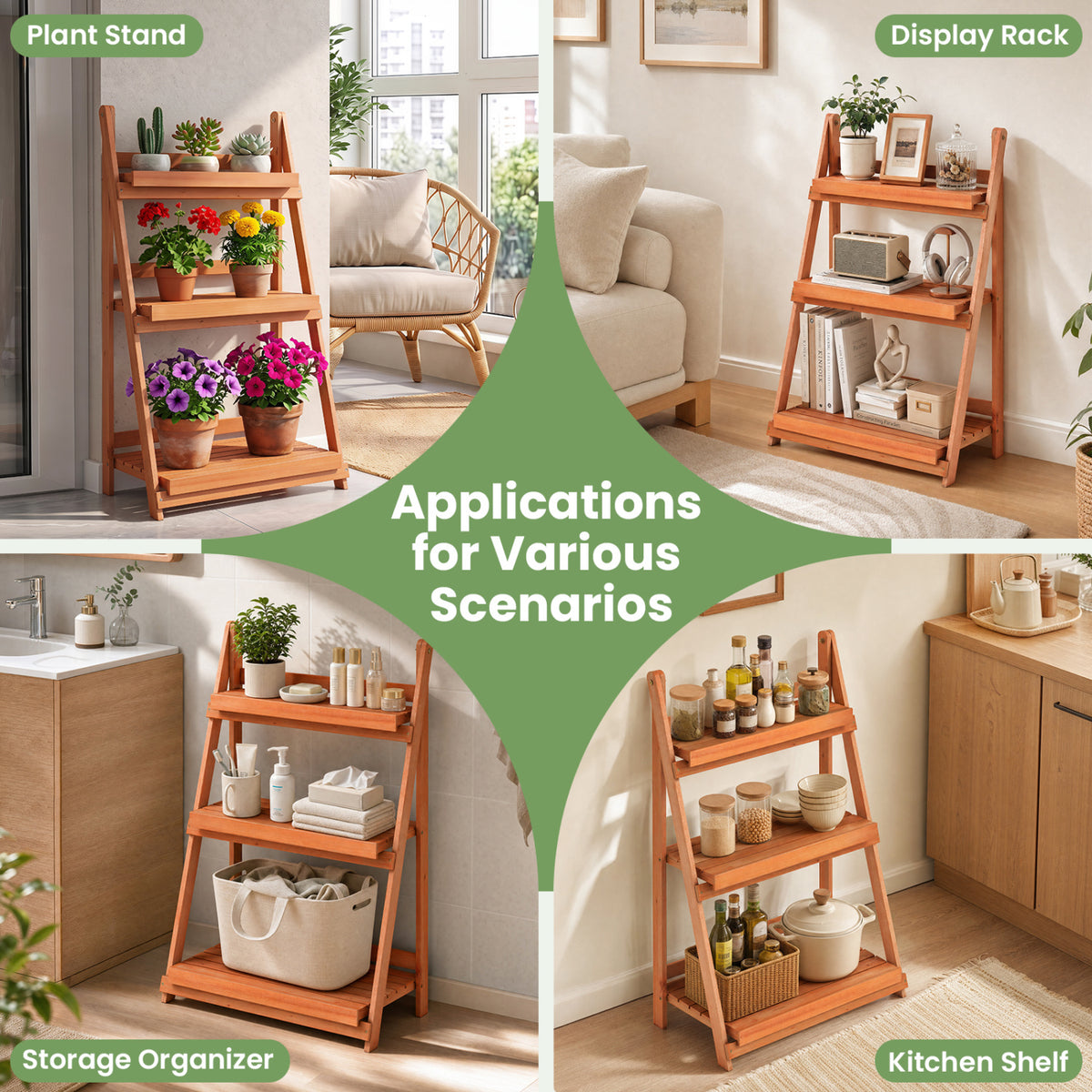 3-Tier Foldable Plant Stand with Slatted Shelves and Fir Wood Frame-Orange view 9