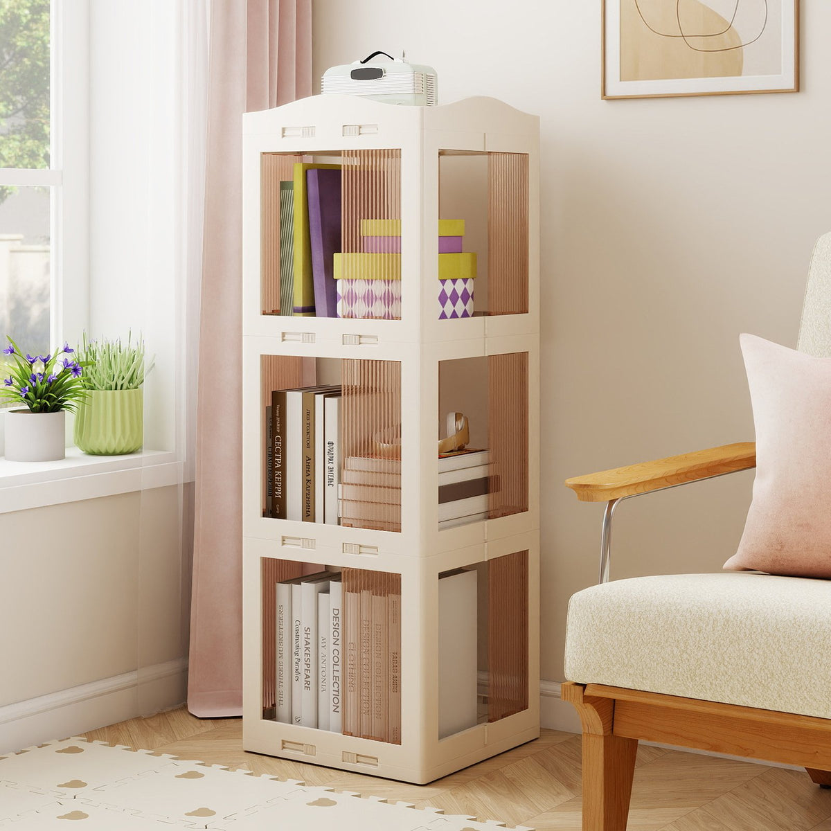3-Tier Foldable Rotating Bookshelf with Swivel Base and Translucent Panels-White view 2