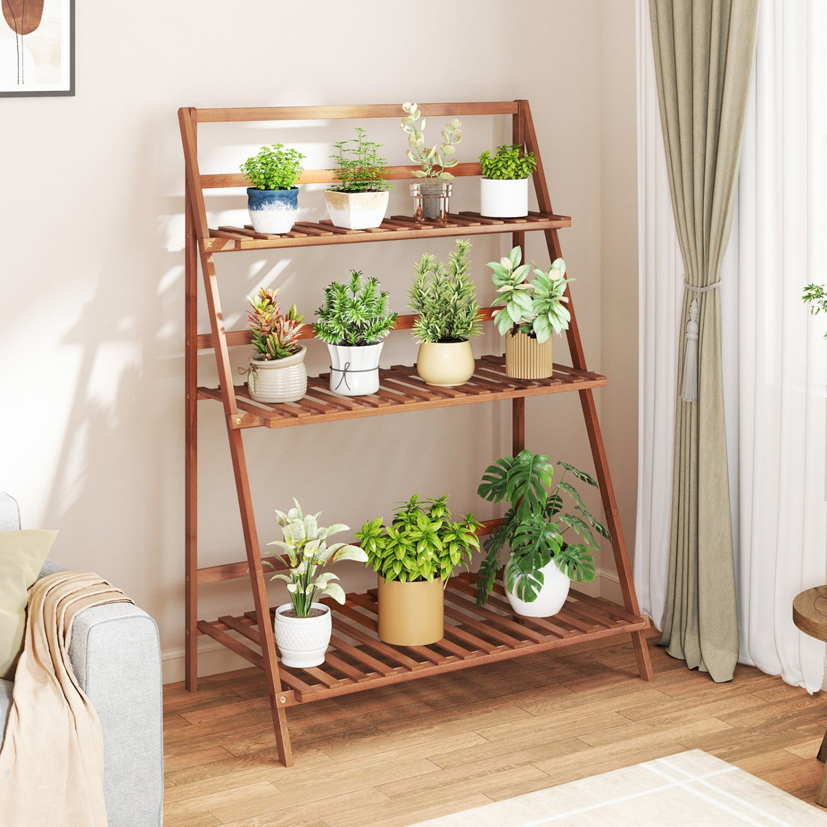 3-Tier Bamboo Ladder Shelf Foldable Plant Flower Bookshelf-Brown view 2