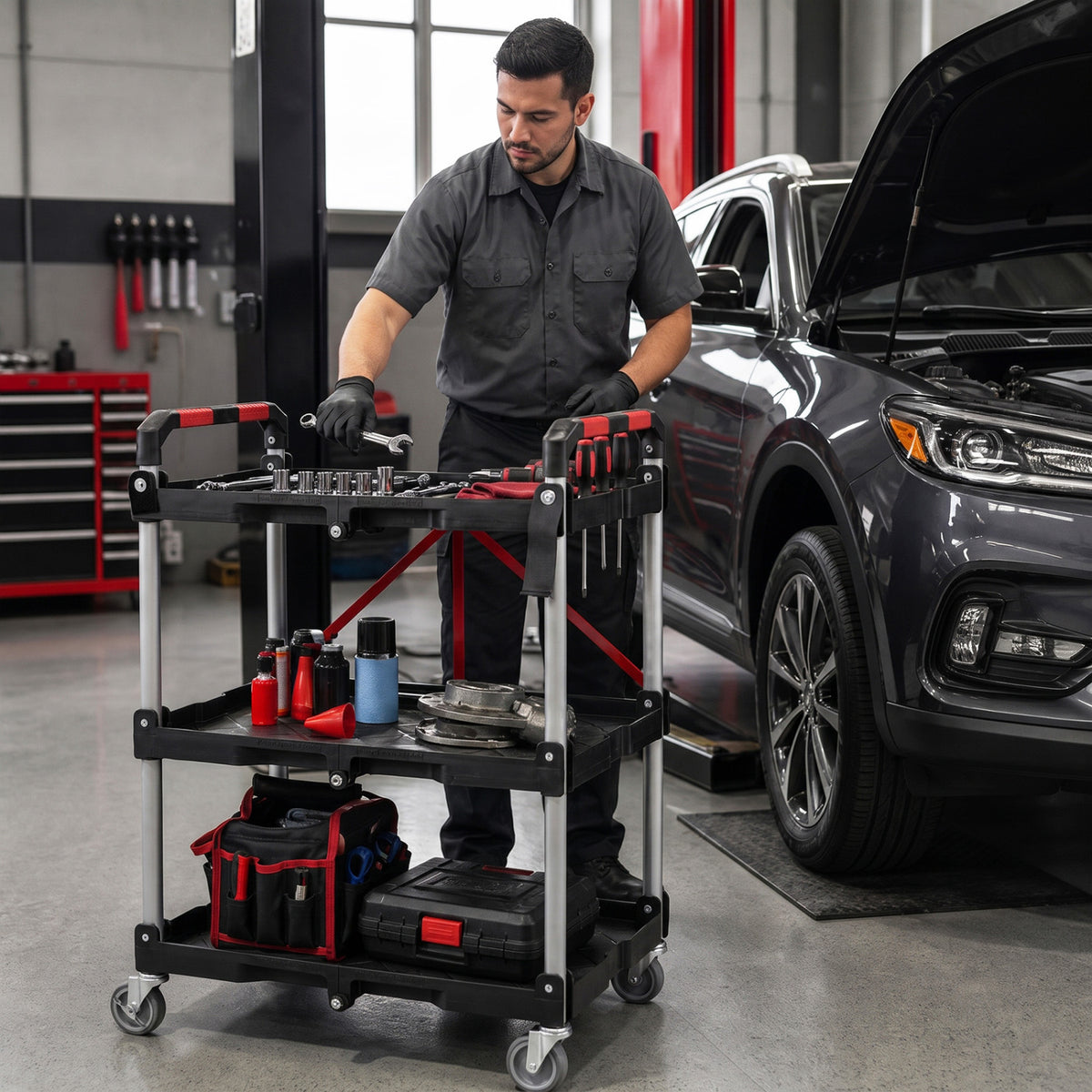 3-Tier Folding Utility Cart with Swivel Wheels and Brakes-Black view 2