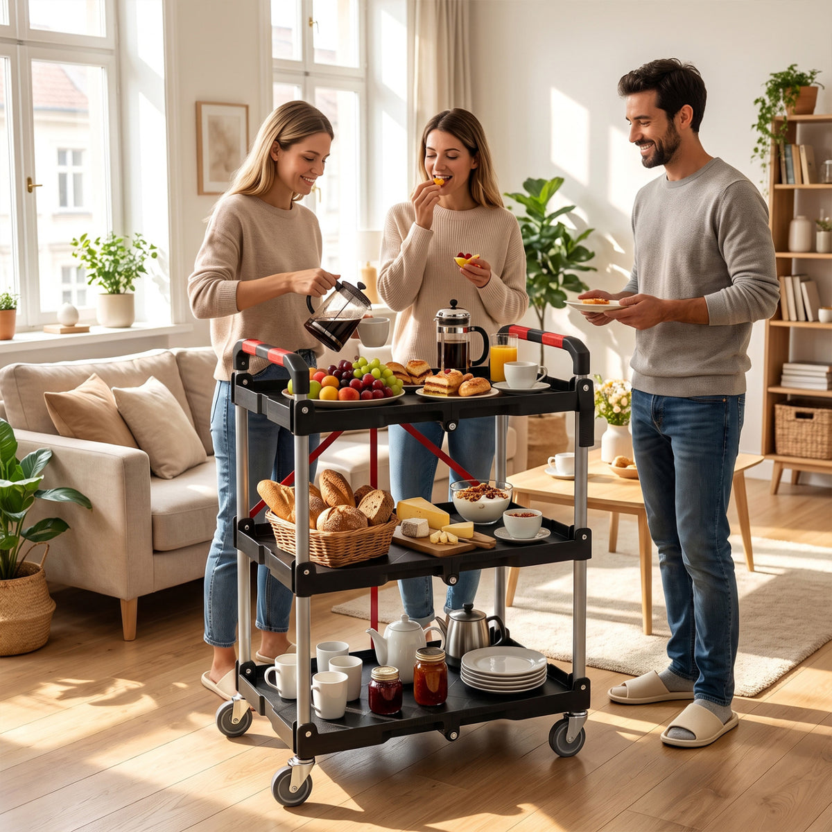 3-Tier Folding Utility Cart with Swivel Wheels and Brakes-Black view 3