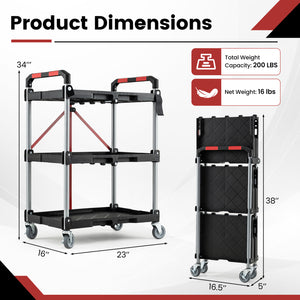 3-Tier Folding Utility Cart with Swivel Wheels and Brakes-Black view 5