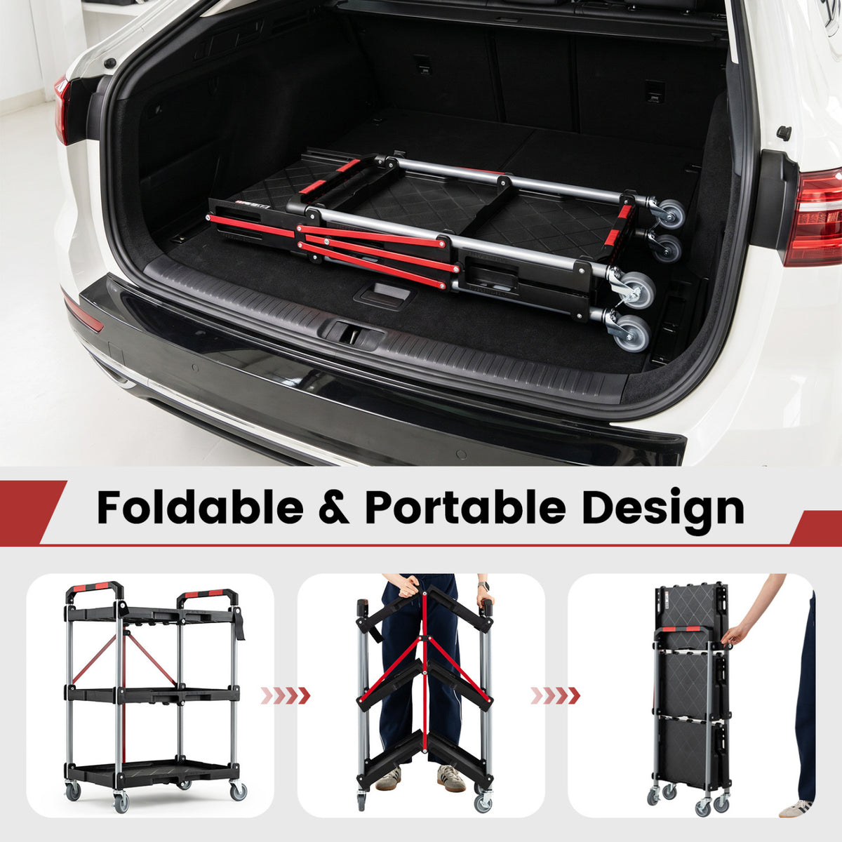 3-Tier Folding Utility Cart with Swivel Wheels and Brakes-Black view 7