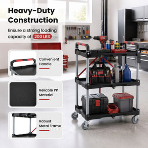 3-Tier Folding Utility Cart with Swivel Wheels and Brakes-Black view 9