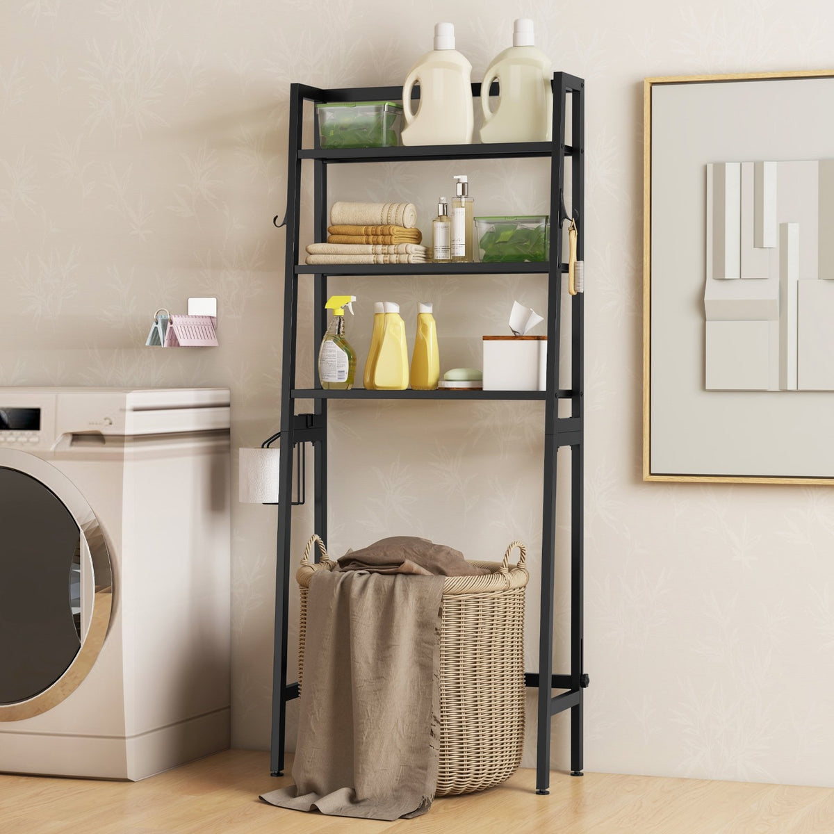 3-Tier Freestanding Over The Toilet Storage Shelf with Adjustable Bottom Bar-Black view 2