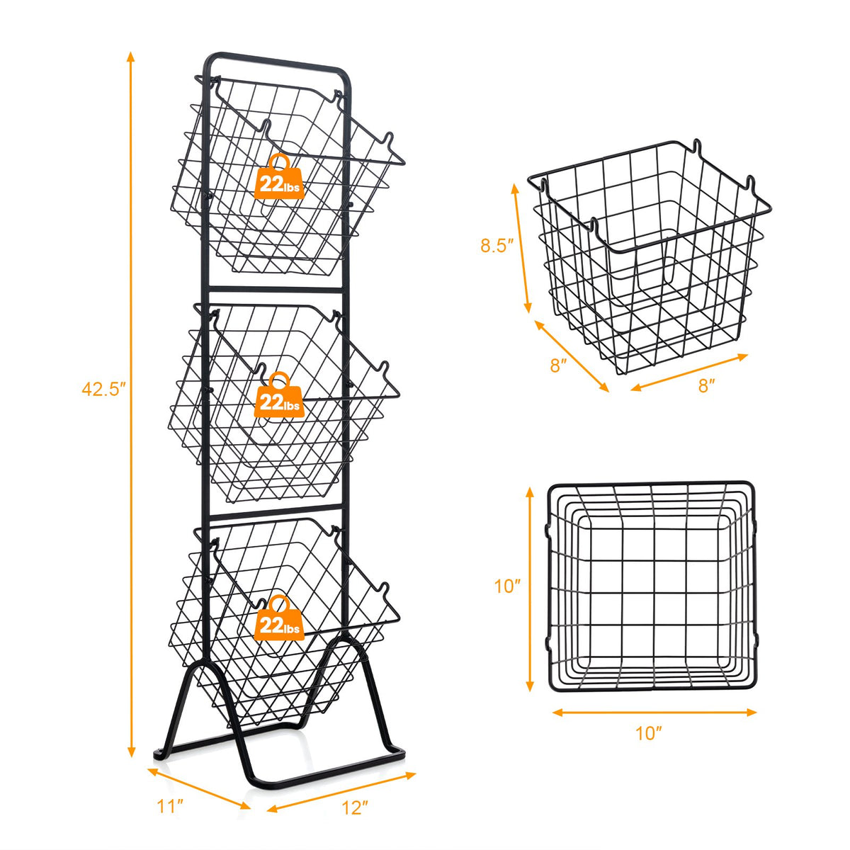 3-Tier Fruit Basket Stand with Adjustable Heights view 5