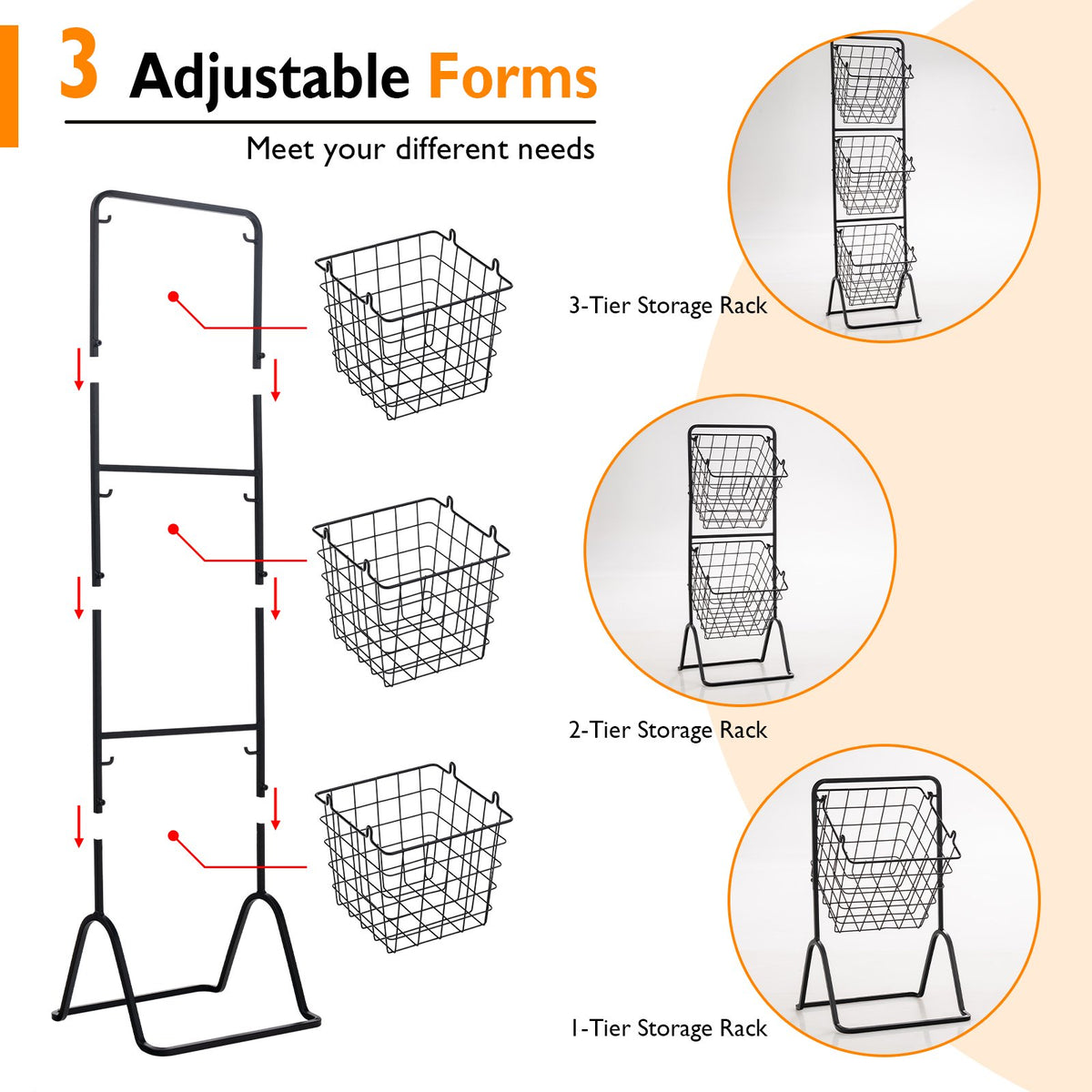 3-Tier Fruit Basket Stand with Adjustable Heights view 6