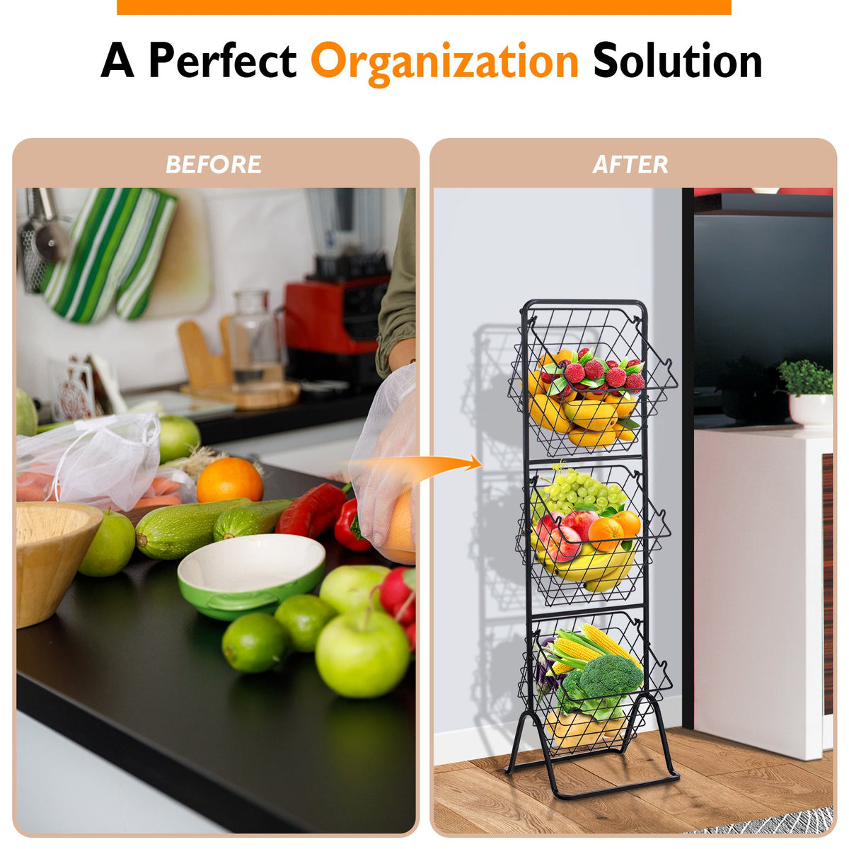 3-Tier Fruit Basket Stand with Adjustable Heights view 7