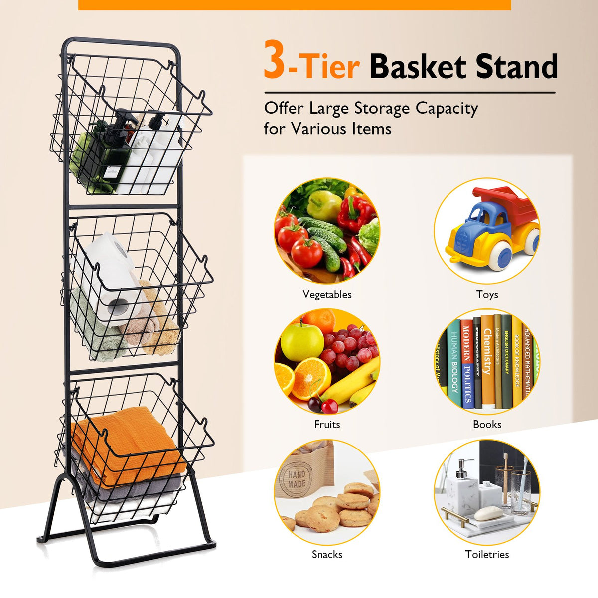 3-Tier Fruit Basket Stand with Adjustable Heights view 9