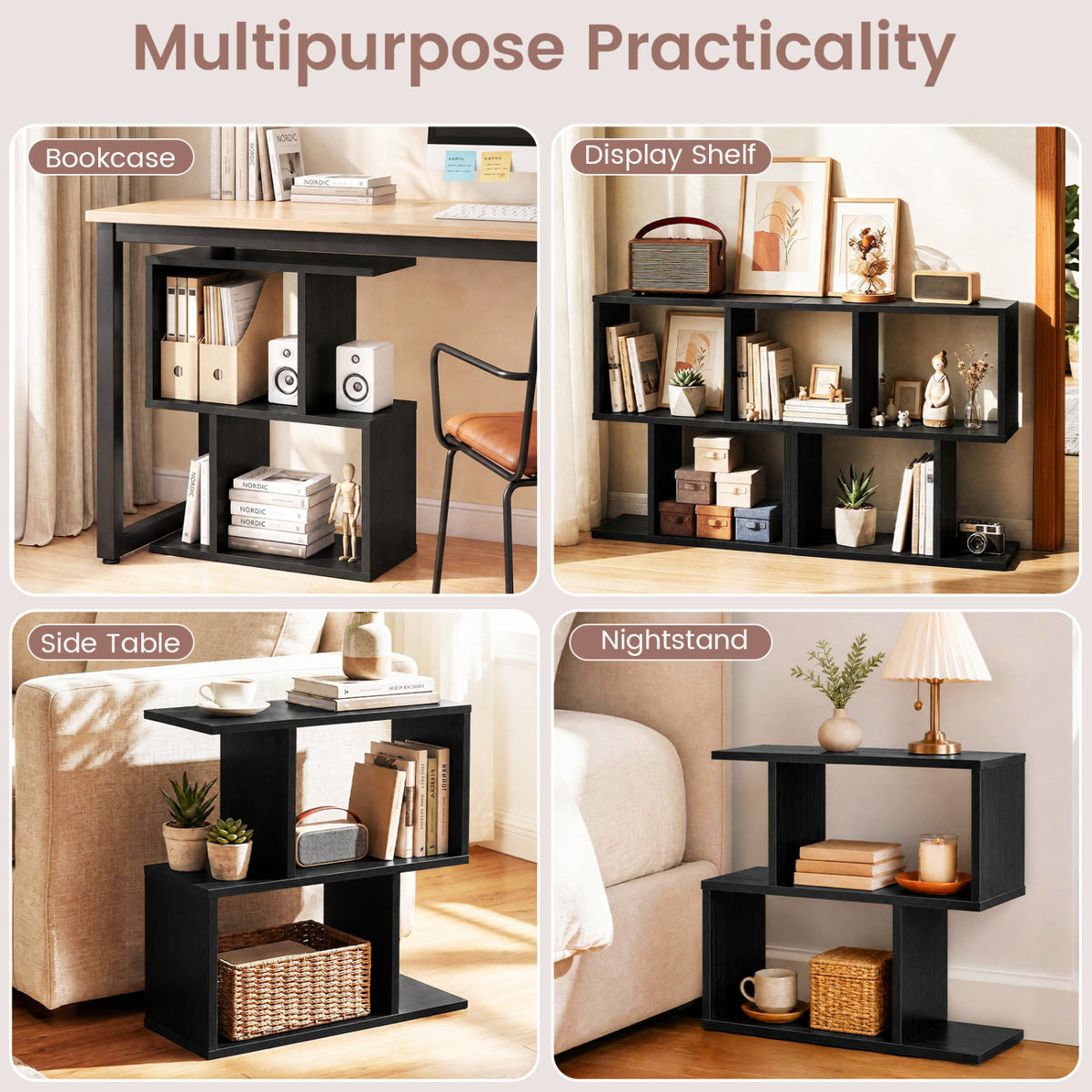 3-Tier Geometric Bookshelf Freestanding Display Shelf Side Table Set of 2-Black view 6