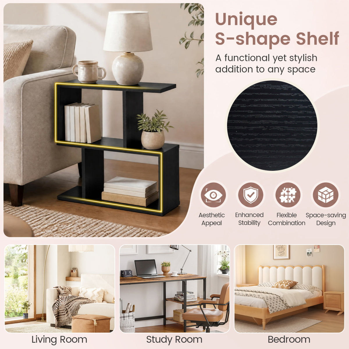 3-Tier Geometric Bookshelf Freestanding Display Shelf Side Table Set of 2-Black view 7