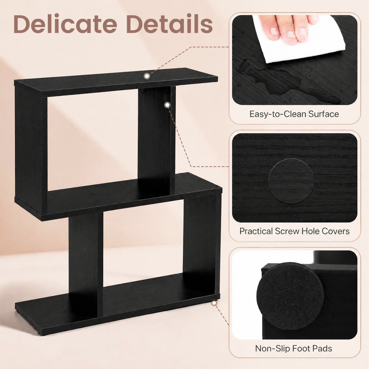 3-Tier Geometric Bookshelf Freestanding Display Shelf Side Table Set of 2-Black view 8