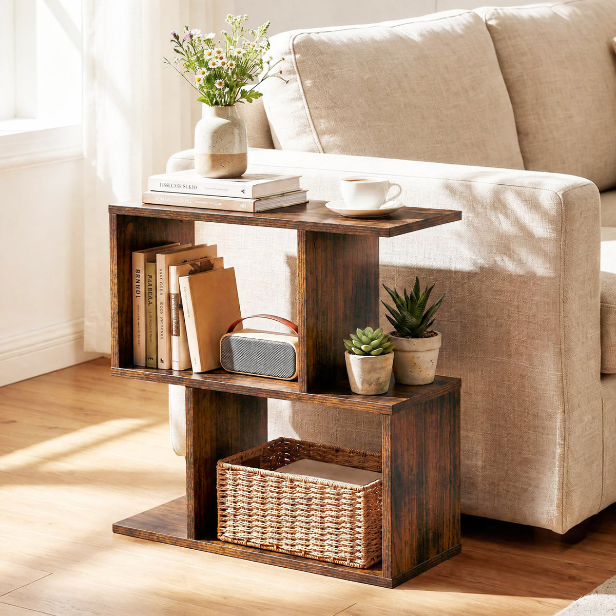 3-Tier Geometric Bookshelf Freestanding Display Shelf Side Table Set of 2-Brown view 2