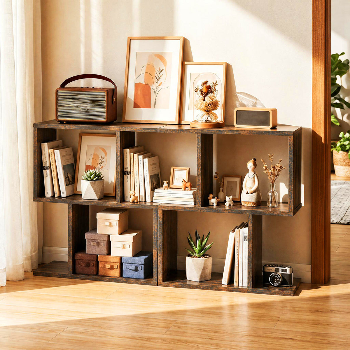 3-Tier Geometric Bookshelf Freestanding Display Shelf Side Table Set of 2-Brown view 7