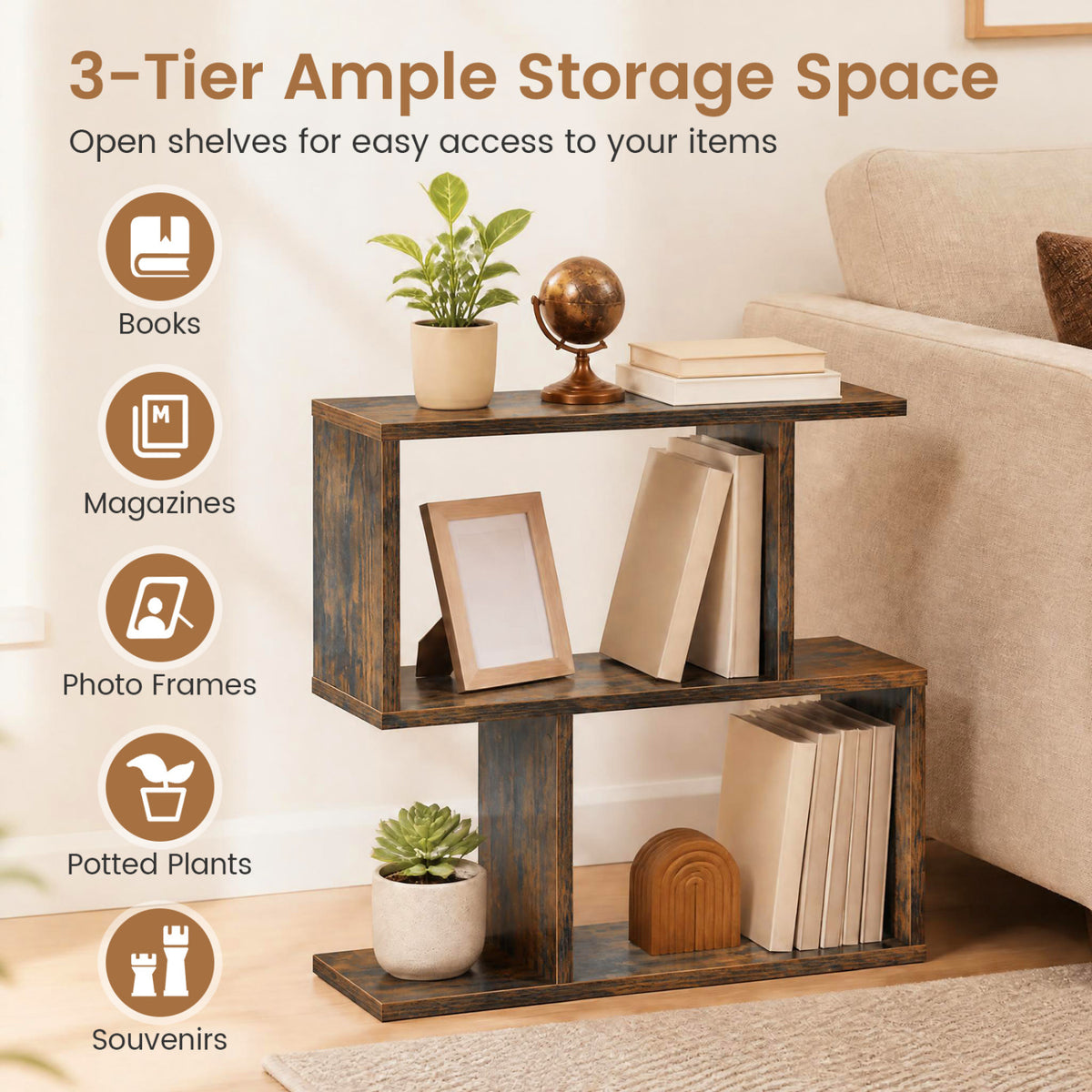 3-Tier Geometric Bookshelf Freestanding Display Shelf Side Table Set of 2-Brown view 8