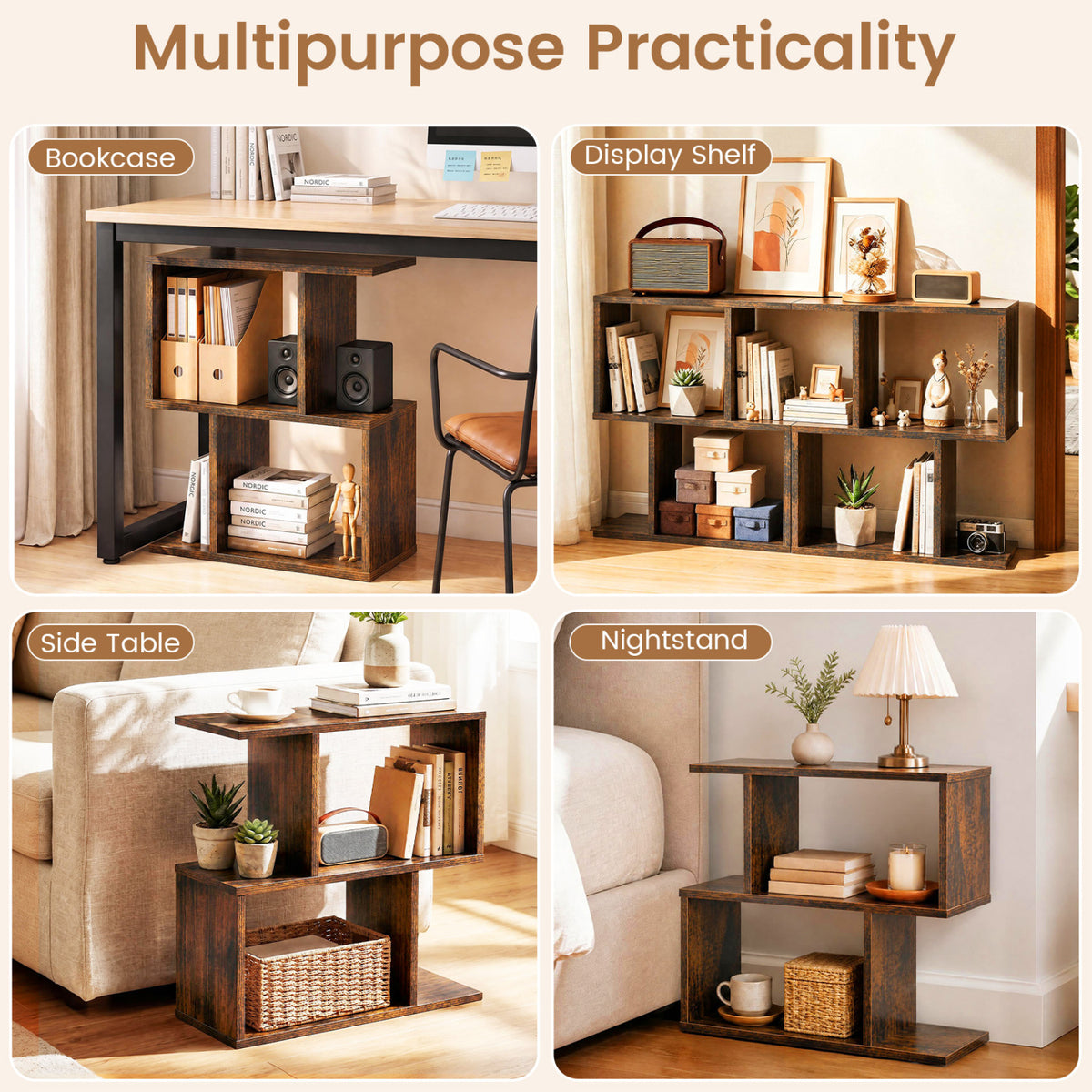 3-Tier Geometric Bookshelf Freestanding Display Shelf Side Table Set of 2-Brown view 9