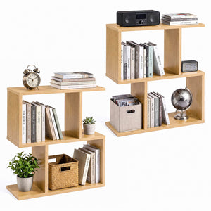 3-Tier Geometric Bookshelf Freestanding Display Shelf Side Table Set of 2-Natural