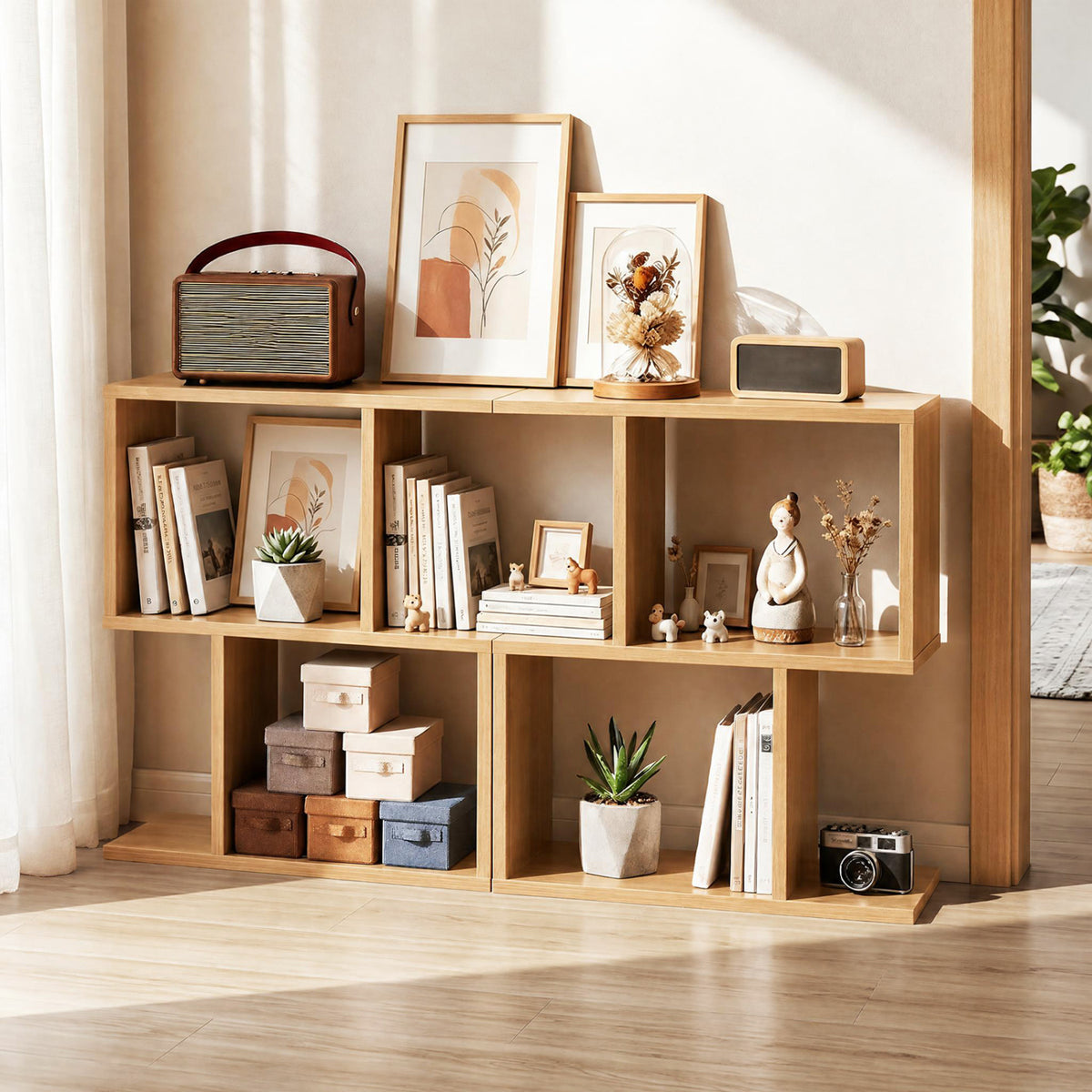 3-Tier Geometric Bookshelf Freestanding Display Shelf Side Table Set of 2-Natural view 2