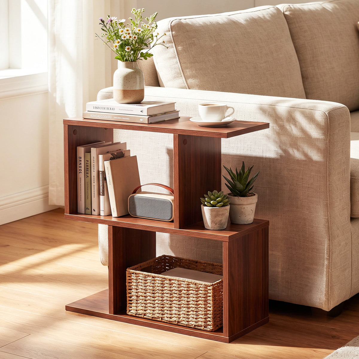 3-Tier Geometric Bookshelf Freestanding Display Shelf Side Table Set of 2-Walnut view 2