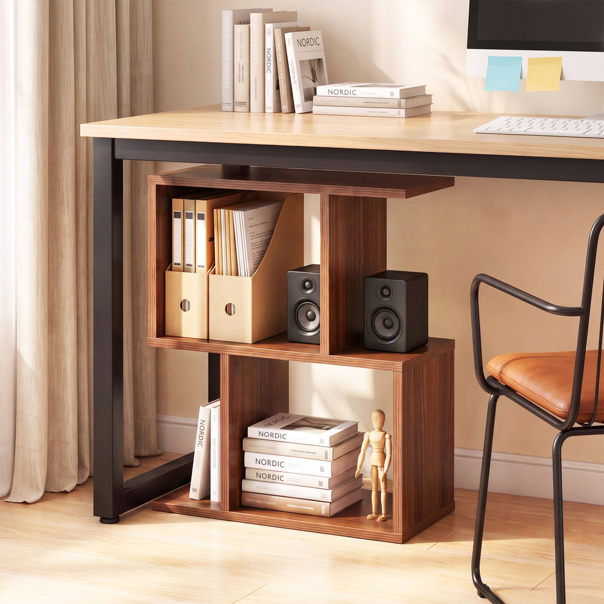 3-Tier Geometric Bookshelf Freestanding Display Shelf Side Table Set of 2-Walnut view 3