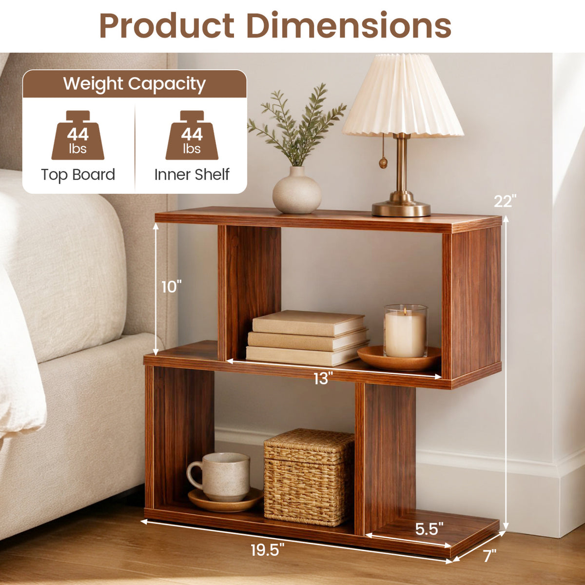 3-Tier Geometric Bookshelf Freestanding Display Shelf Side Table Set of 2-Walnut view 5