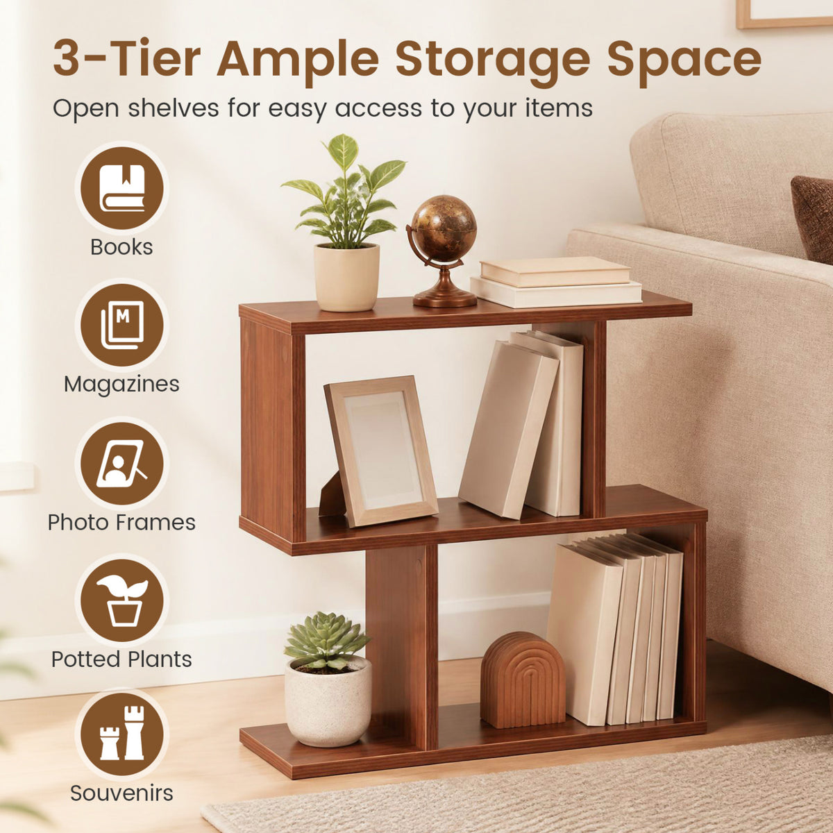 3-Tier Geometric Bookshelf Freestanding Display Shelf Side Table Set of 2-Walnut view 6