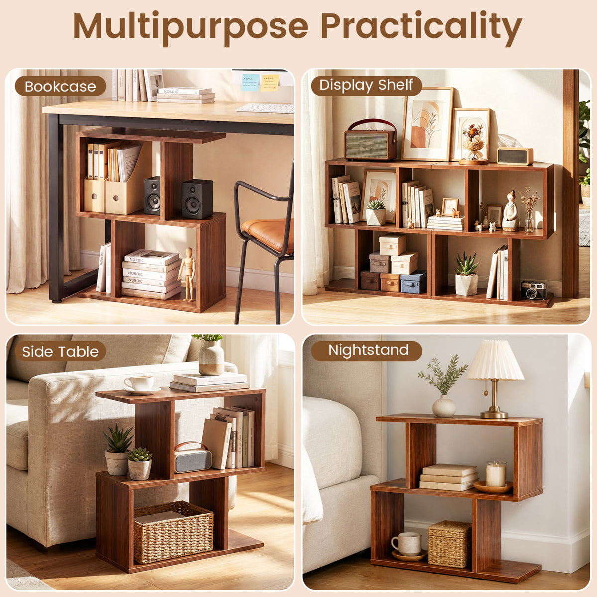 3-Tier Geometric Bookshelf Freestanding Display Shelf Side Table Set of 2-Walnut view 7